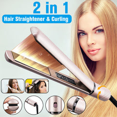 2-in-1 Hair Curling & Straightening Iron - Safe, Portable, Fast 15s Heat Up, Adjustable 5-Stage Temperature