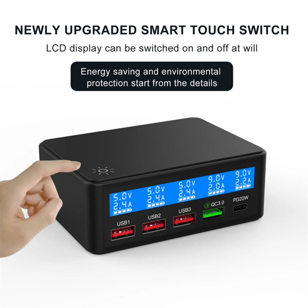 65W 5-Port USB PD Ladegerät, Schnellladestation für iPhone, Samsung, Huawei, Xiaomi