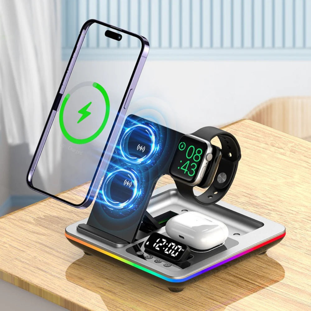 5-in-1 15W RGB Kabelloses Ladegerät und Wecker für iPhone, Xiaomi, Huawei, AirPods, Apple Watch