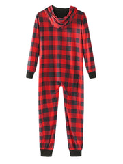 Men's Plaid Print Hooded Jumpsuit Pajamas with Front Pocket and Long Sleeves