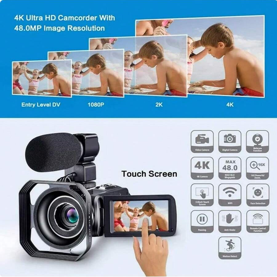 4K Video Camera Camcorder: 18X Zoom, 48MP, 3.0" Touchscreen, Mic, Remote, Night Vision, 2 Batteries for Vlogging