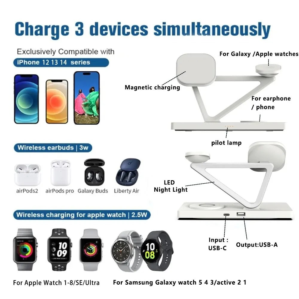 5-in-1 Magnetic Wireless Charger Stand for iPhone 14/13/12/X, Samsung Galaxy Watch, 15W Fast Charging Dock