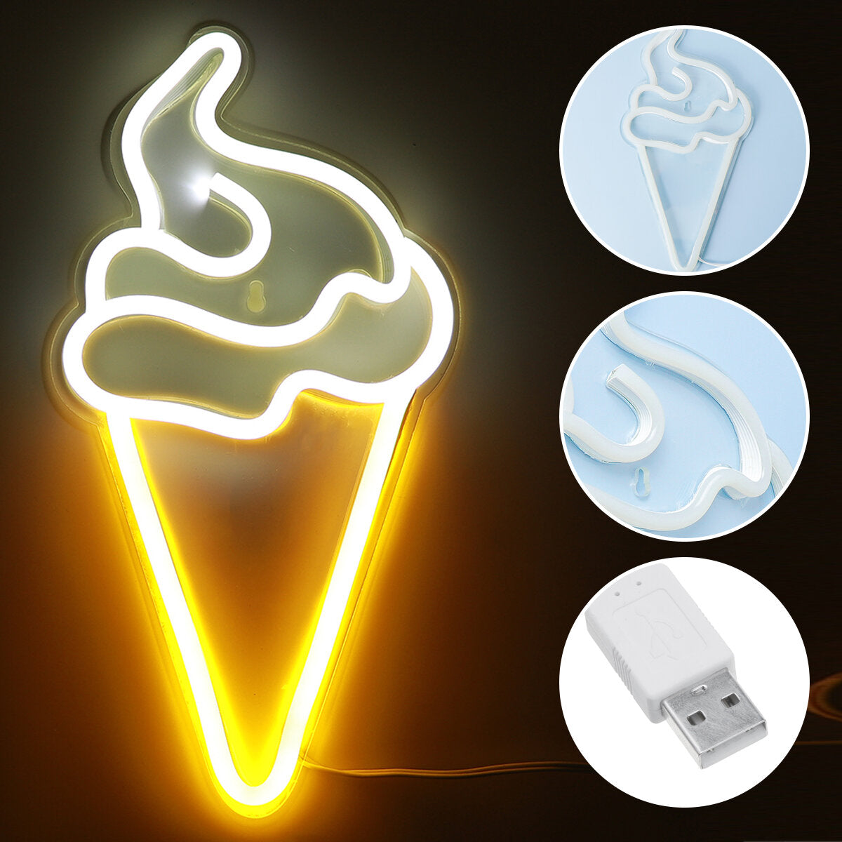 Ice Cream LED Neon Sign Light - Visual Artwork Night Light for Bedroom and Home Wall Lamps