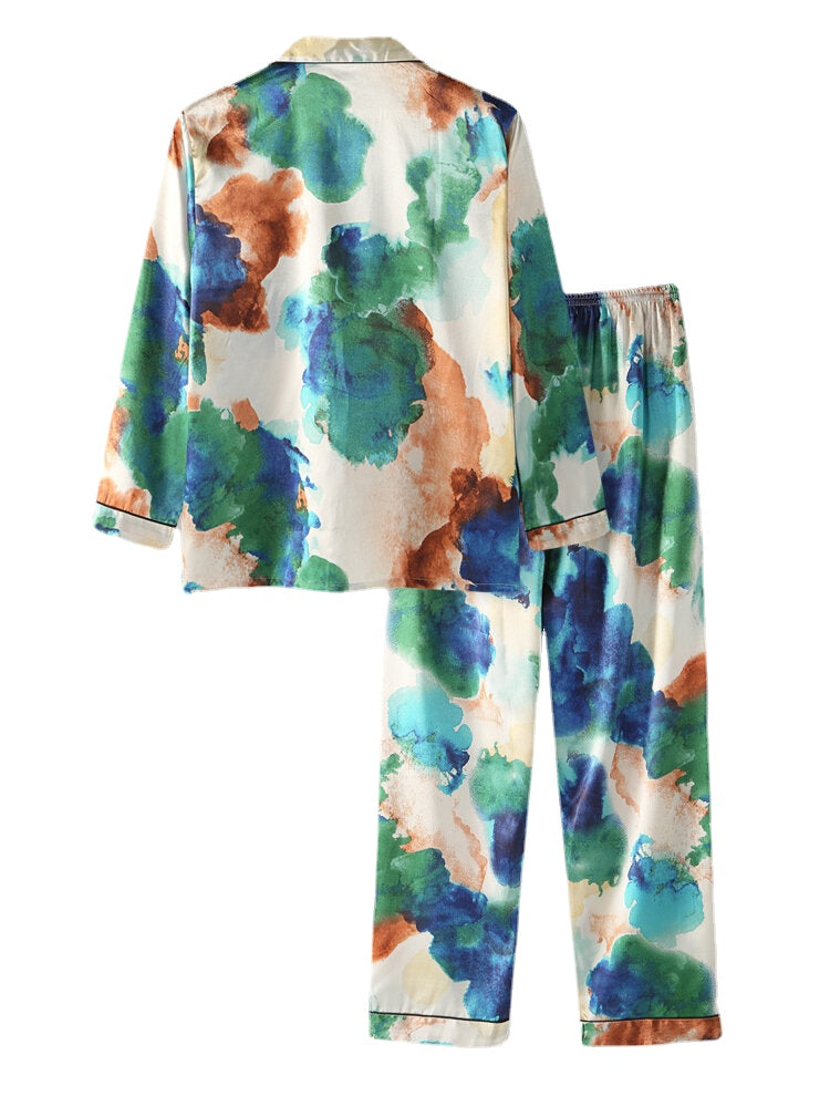 Mehrfarbiges, langärmliges Pyjama-Set mit Batikmuster und Reverskragen für Herren