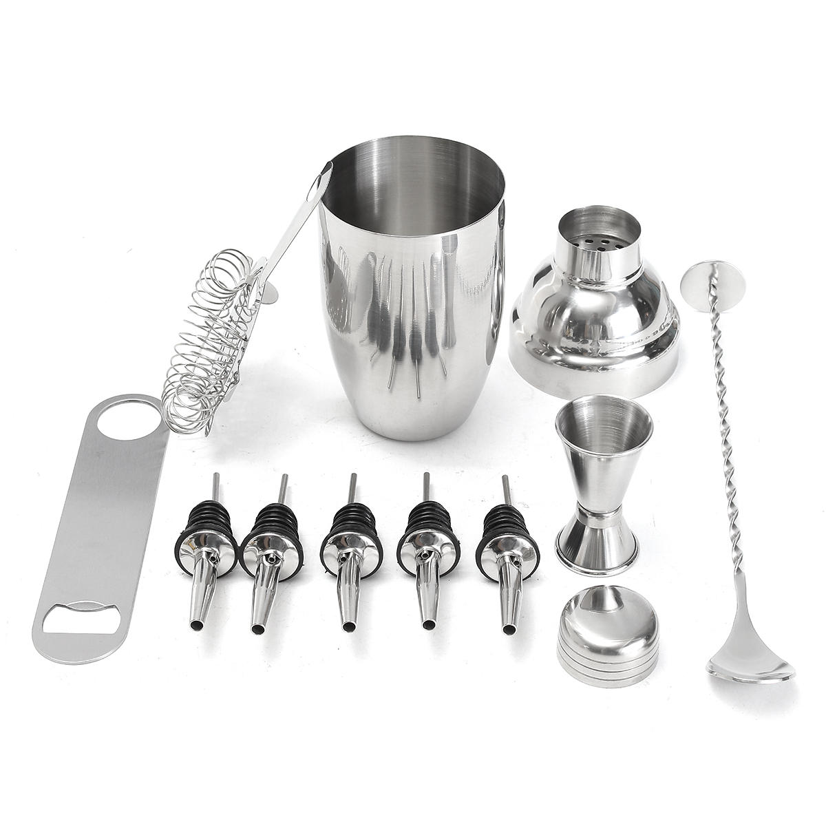 11-Piece Stainless Steel Bartender Set: Cocktail Shaker, Mixer, Martini Muddler, Pourer, Strainer