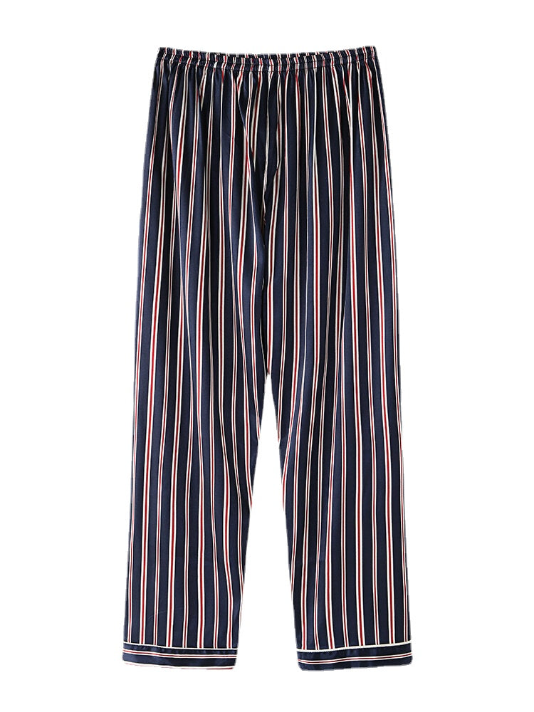 Classic Stripe Revere Collar Long Sleeve Elastic Waist Ice Silk Pajama Set for Home Casual Wear