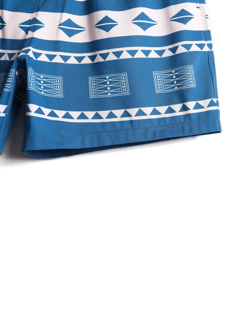 Schnelltrocknende Strandshorts für Herren mit Vintage-Geo-Print und Kordelzug in der Taille