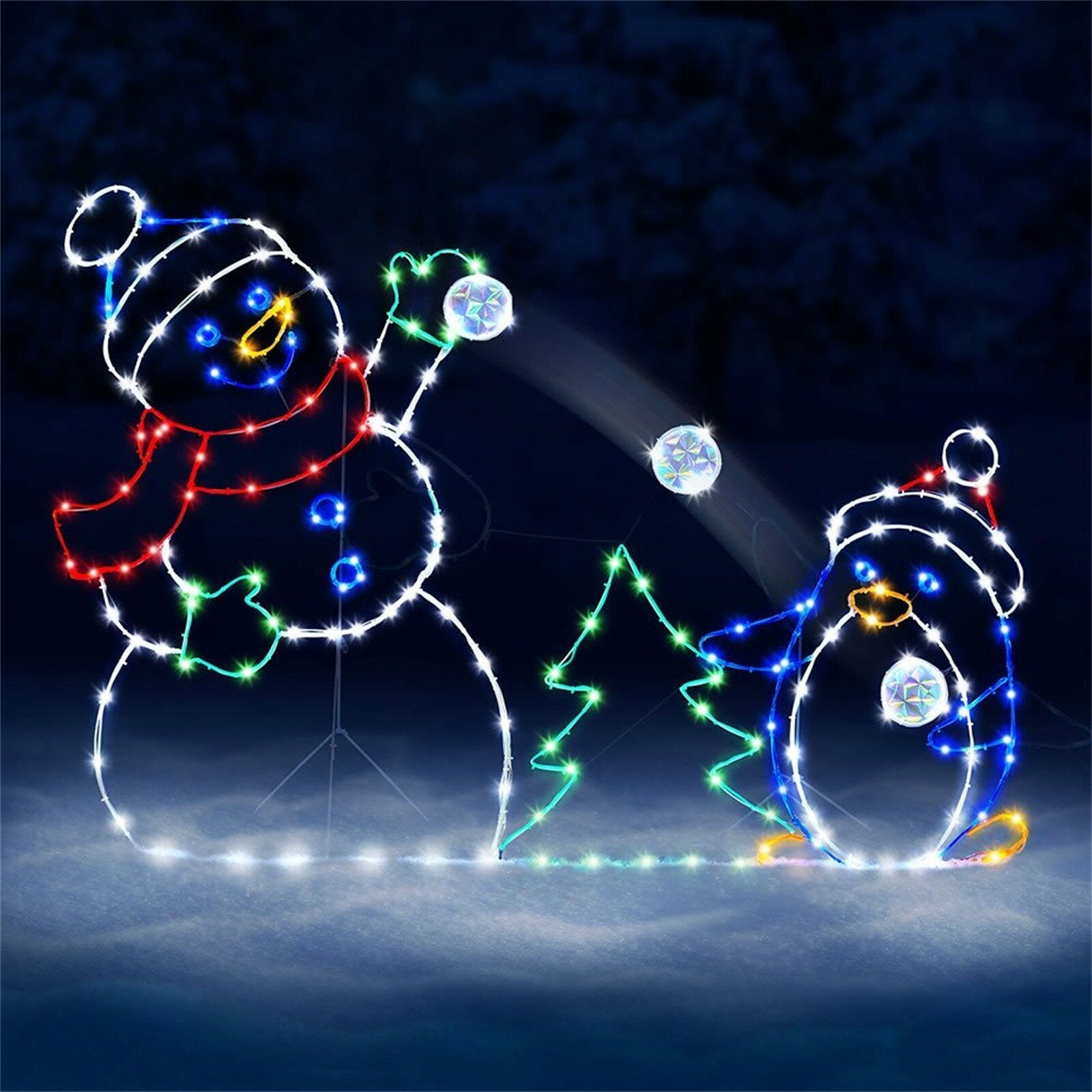 Fun Animated Snowball Fight Light String Frame - Christmas Outdoor Garden Decor, Holiday Party Glowing Sign