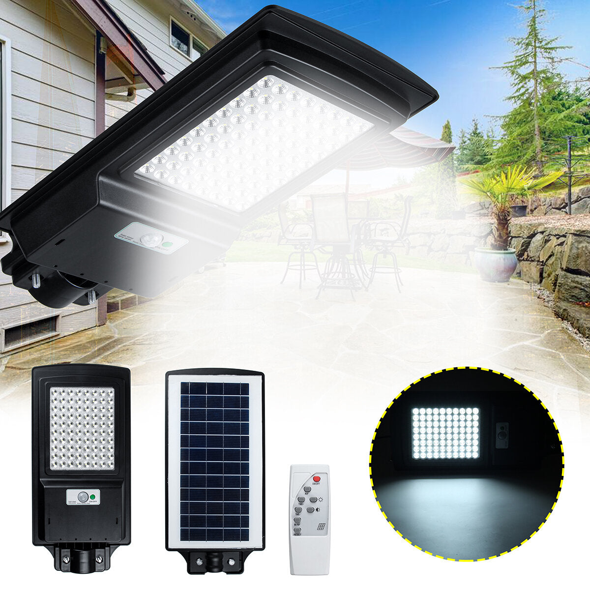 100W LED Solar Street Light with Motion Sensor, Remote Control, IP65 Waterproof for Outdoor Garden Wall Decor