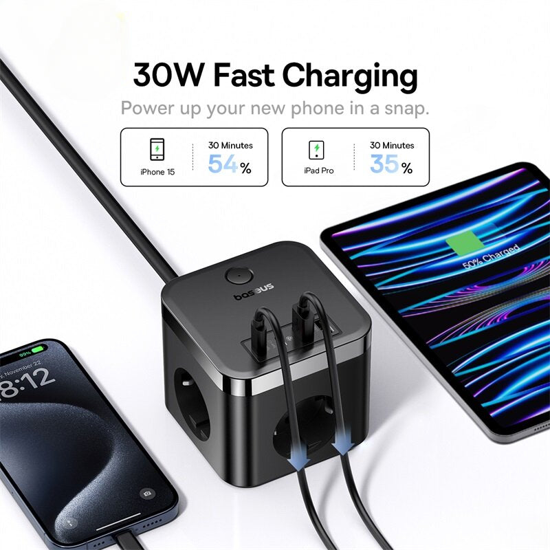 30W 7-Port USB Power Strip: 3 AC Outlets, 2 USB-A, 2 USB-C Fast Charger for iPhone, Huawei, Samsung