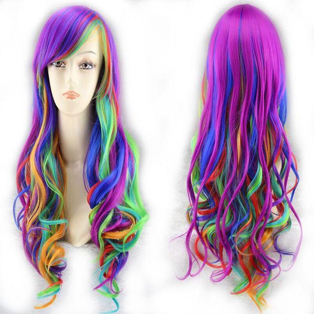 Rainbow Seven-Color Gradient Wave Cosplay Wig - Long Roll Style