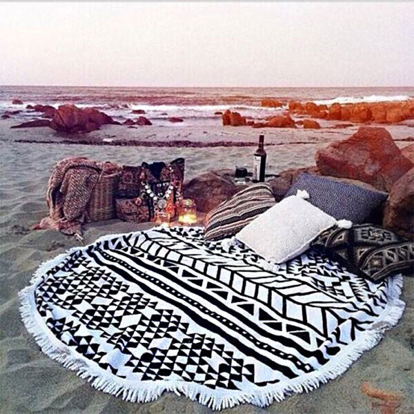 150cm Pure Cotton Round Beach Towel, Yoga Mat, Bed Sheet, Tapestry, Tablecloth - Cut Pile Printing