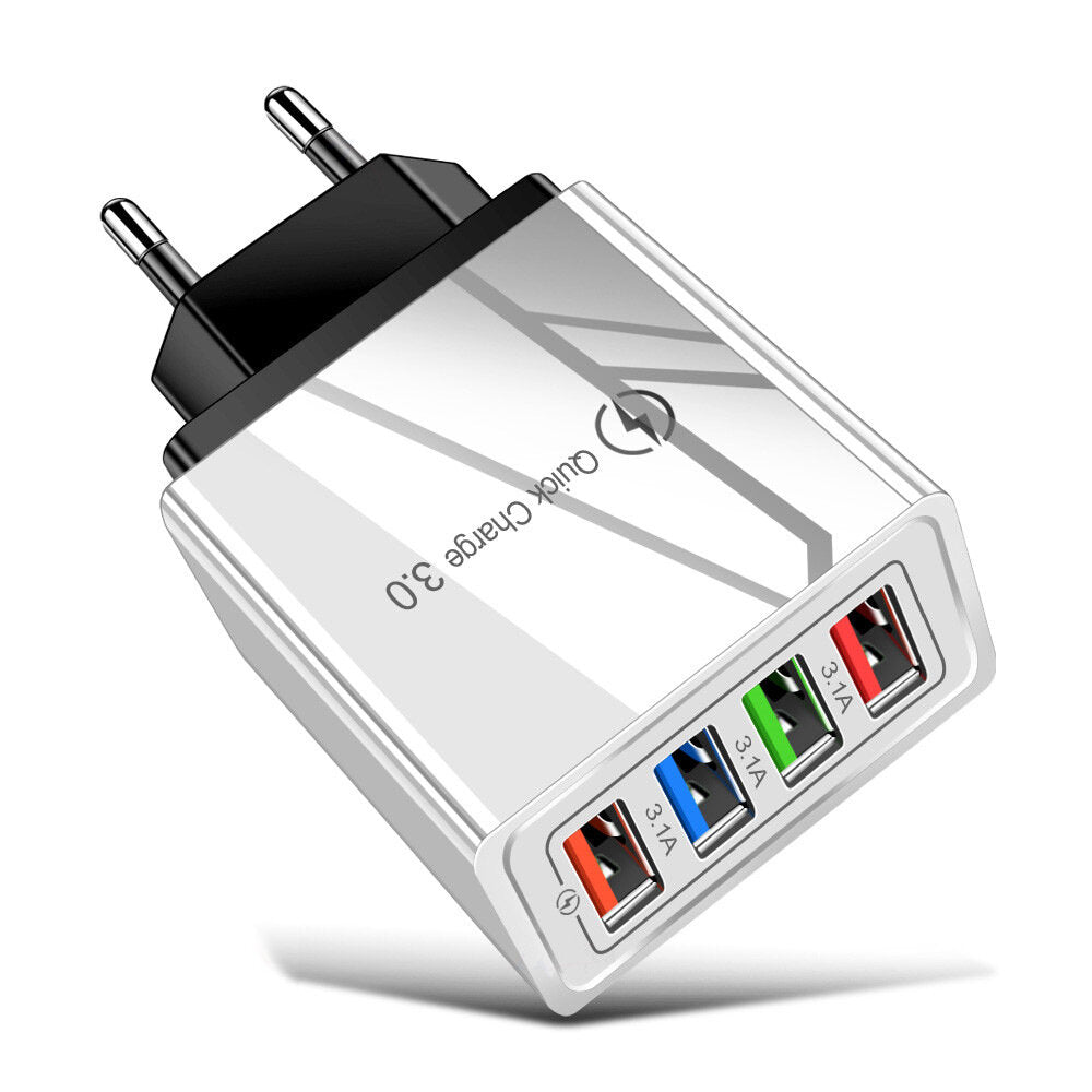 4-Port USB Fast Charger EU Adapter for iPhone 14, Samsung S22, Xiaomi, Huawei