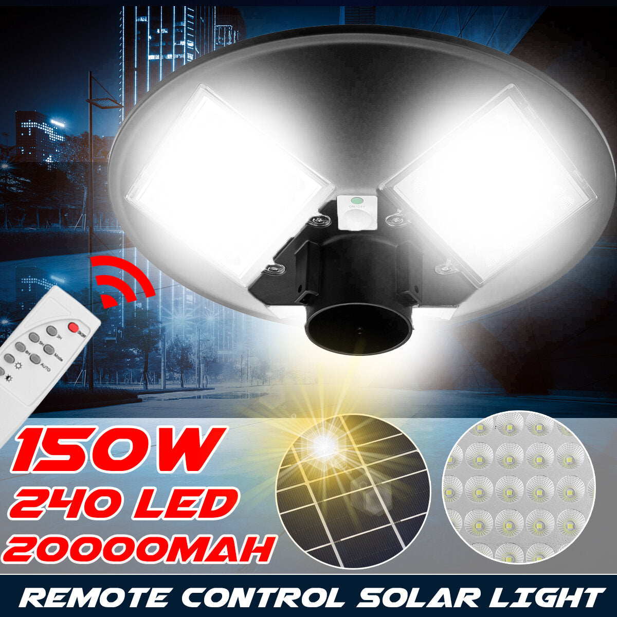 150W Solar Street Light with 240 LEDs, Motion Sensor, Timer, and Remote Control for Outdoor Use