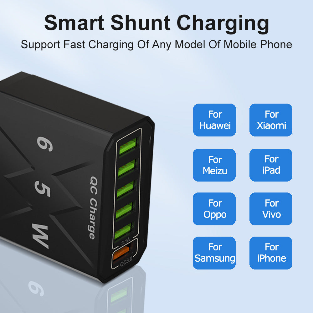 65 W 6-Port USB-Ladegerät, QC3.0-Schnellladeadapter für iPhone, Samsung, Huawei, Oppo, Redmi