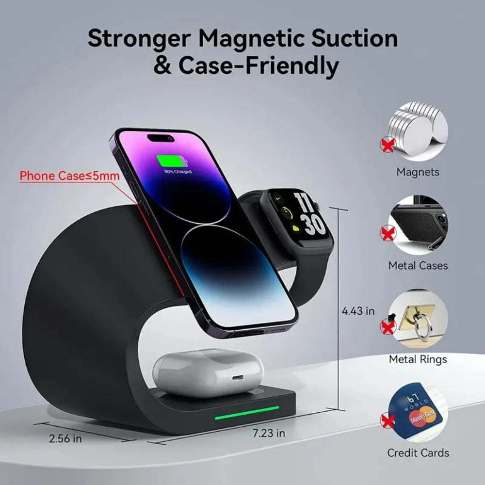 15W Magnetic Wireless Charger Stand for iPhone 14/13/12, Apple Watch, AirPods