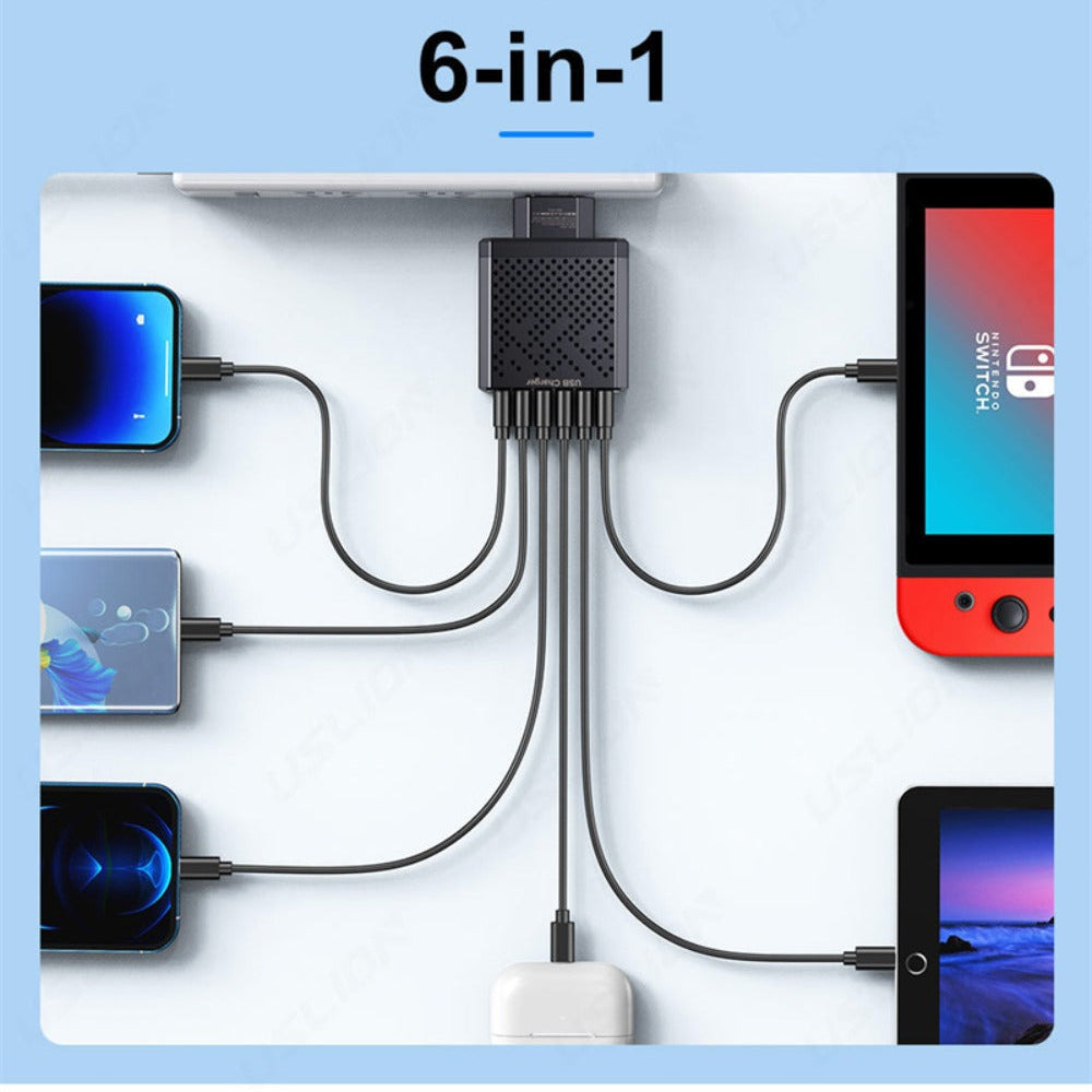 6-Port USB-Ladegerät QC3.0 Schnellladeadapter EU-Stecker für iPhone, Xiaomi, Huawei, Samsung