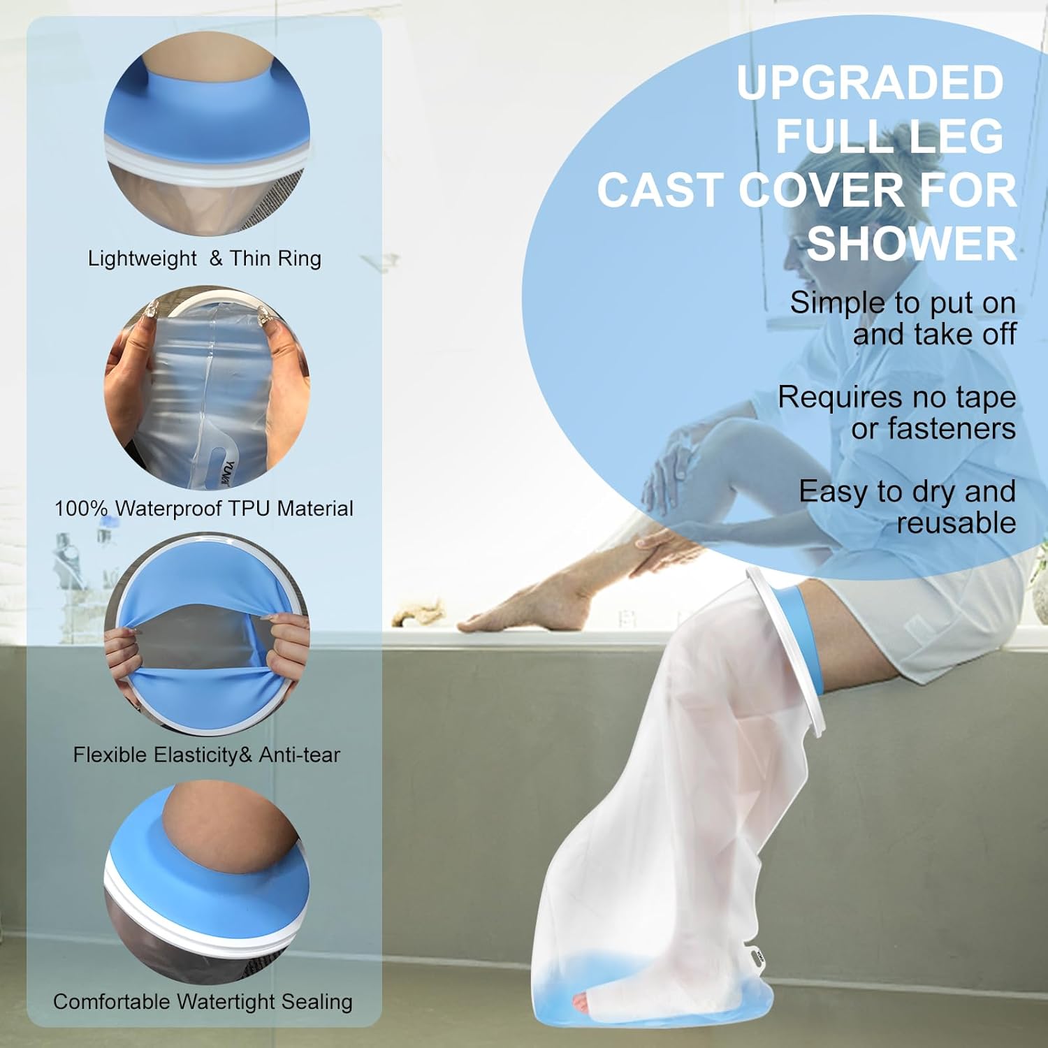 Upgraded Extra Wide Full Leg Cast Cover for Shower - Non-Slip, Reusable, Waterproof Protection