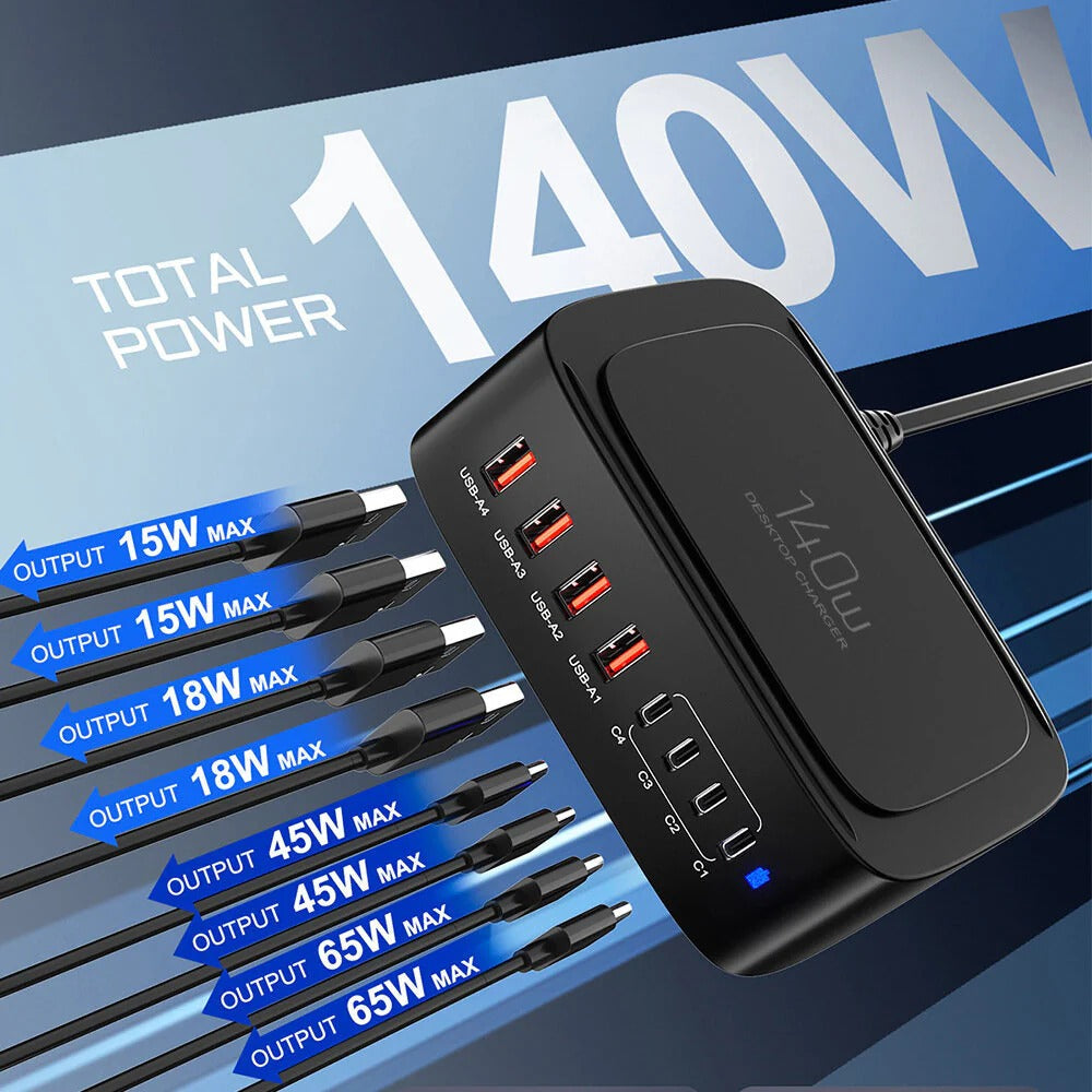 140W 8-Port USB PD Ladegerät, Schnellladestation für iPhone, Huawei, Samsung, Xiaomi