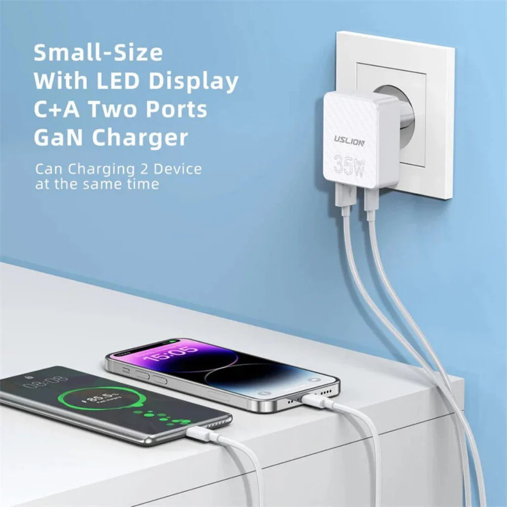 [GaN Tech] 2-Port USB-C/A Fast Charger PD3.0 QC3.0 EU Plug for iPhone, Hui, Samsung, Xiaomi