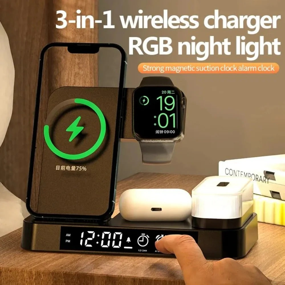 30W 3-in-1 Wireless Charger Stand with Alarm Clock & Night Light for iPhone and Samsung Devices