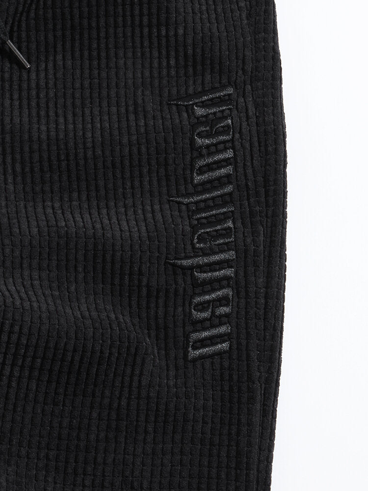 Men's Black Corduroy Harem Pants with Letter Embroidery and Pockets