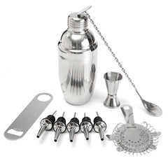 11-Piece Stainless Steel Bartender Set: Cocktail Shaker, Mixer, Martini Muddler, Pourer, Strainer