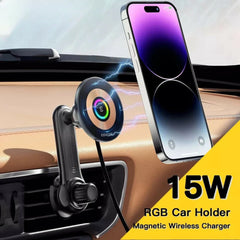 Magnetic RGB 15W Wireless Car Charger Mount for iPhone 14/13/12 Pro - Fast Charging & Secure Mounting