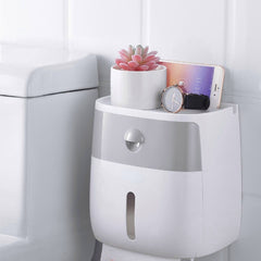 Wall Mounted Double Roll Toilet Paper Holder with Shelf and Storage Baskets for Bathroom