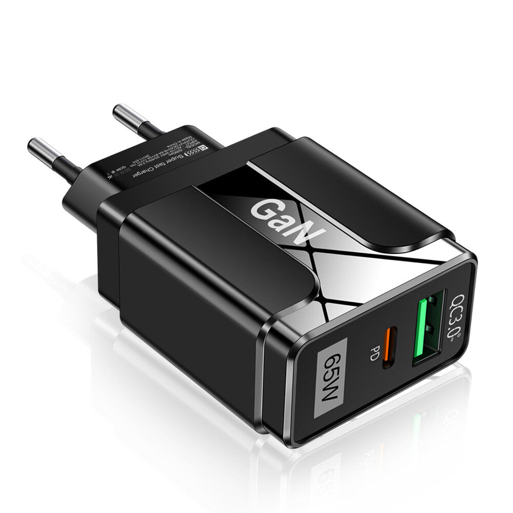 65W GaN Dual USB PD Ladegerät &amp; 33W USB-A QC3.0 Schnellladegerät, EU-Stecker für iPhone 14, iPad, Huawei, Xiaomi