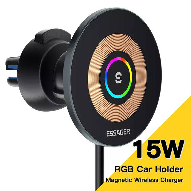 Magnetic RGB 15W Wireless Car Charger Mount for iPhone 14/13/12 Pro - Fast Charging & Secure Mounting