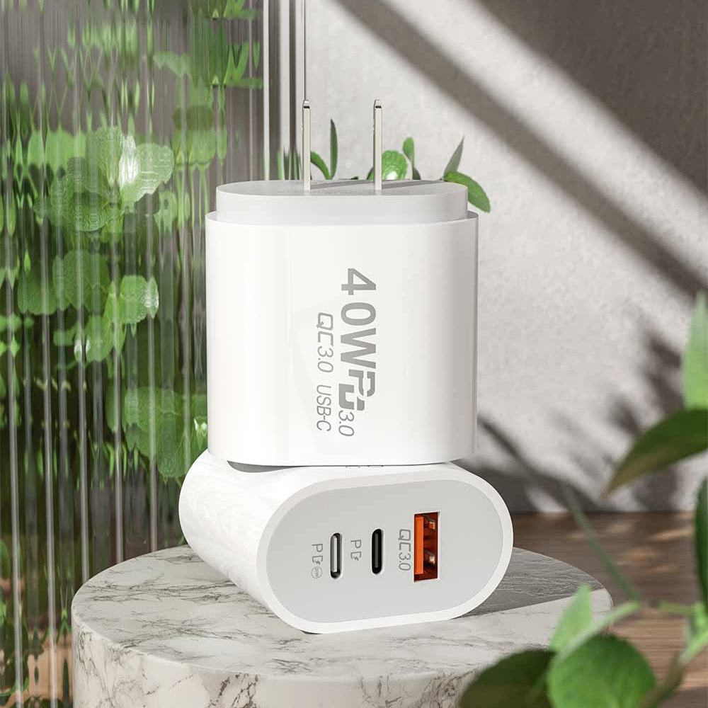 40W 3-Port USB PD Charger: Dual USB-C & USB-A Fast Charging Adapter for iPhone, Samsung, Huawei