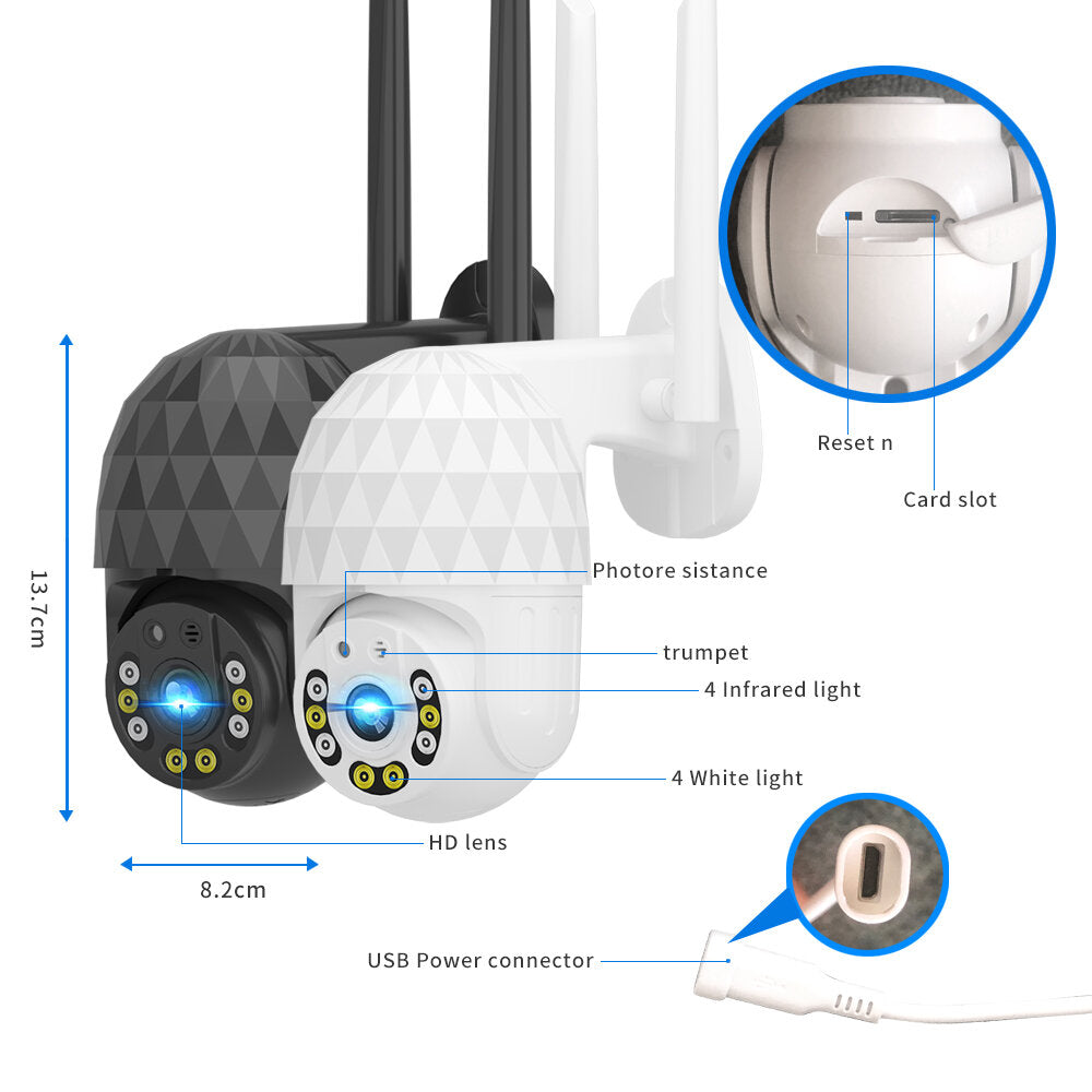 1080P 2MP PTZ-IP-Kamera für den Außenbereich, 8 LEDs, 8-facher Zoom, Nachtsicht, IP66 wasserdicht, Cloud-Speicher, Alarm-Push, Sicherheit in Vollfarbe