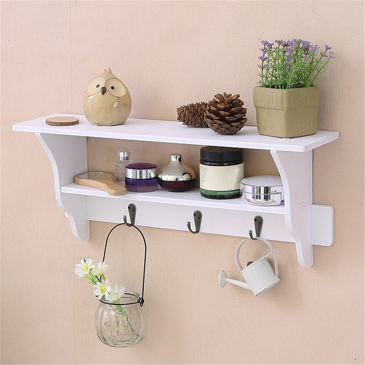 2-Tier Wall Mount Shelf with Hooks - Ornament, Sundries Storage Holder & Organizer Rack