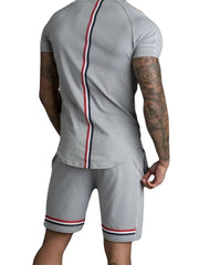 Men's Short Sleeve Striped Pocket Shorts Solid Color Two-Piece Tracksuit