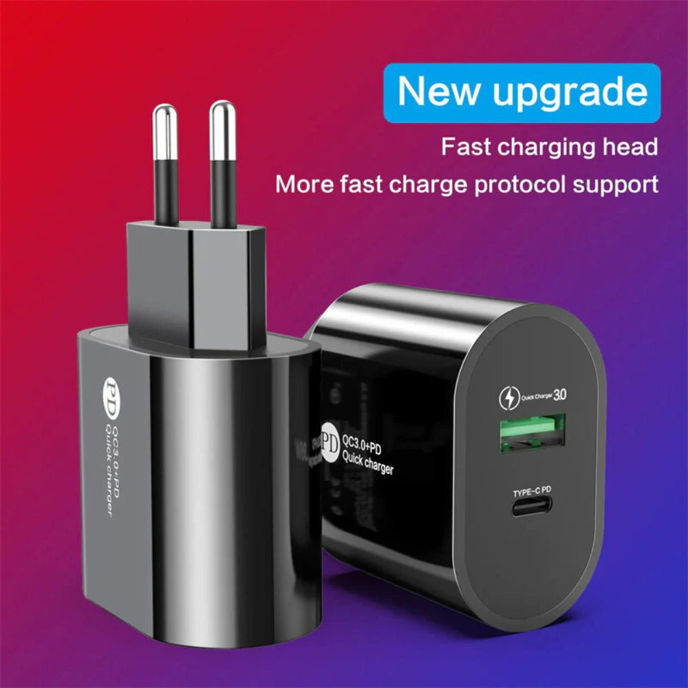 2-Port USB PD Charger, USB-A & USB-C, QC3.0 Fast Wall Adapter, EU Plug for iPhone, Huawei, Samsung, Xiaomi