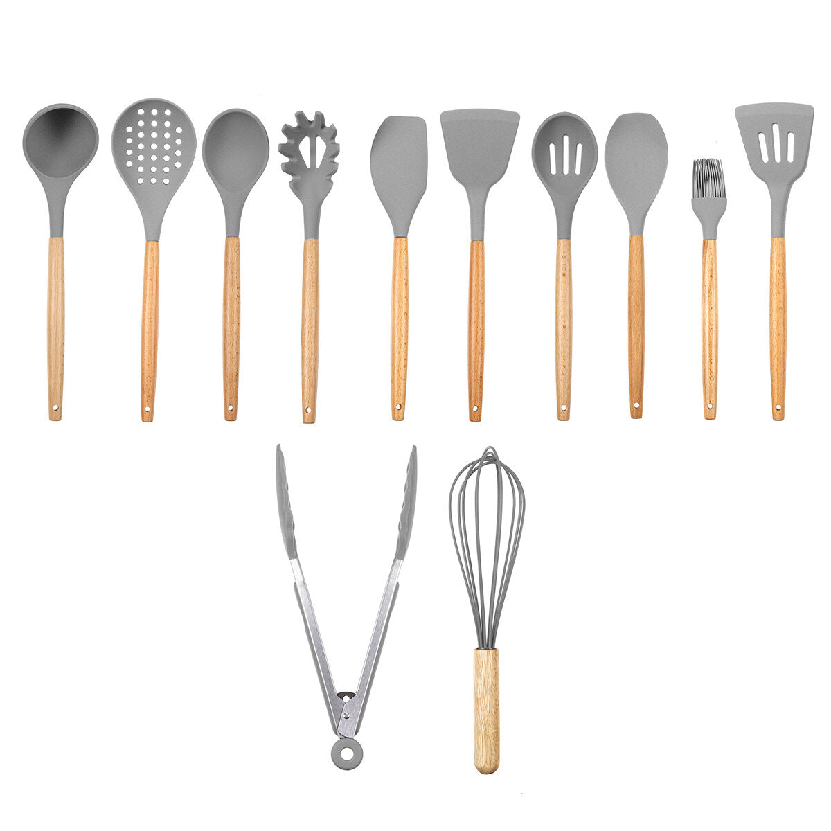 12pcs Wooden Silicone Kitchen Utensil Set - Nonstick Cooking Tools: Spoon, Ladle, Turner, Spatula, Tongs, Baking Gadgets