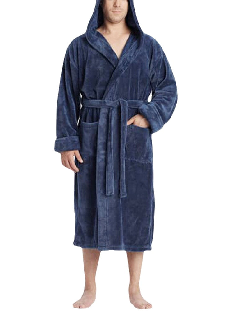 Warmer Herren-Bademantel aus einfarbigem Flanell mit Kapuze und Schnürverschluss