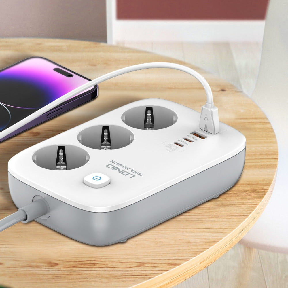 3250W GaN 7-Port Power Strip: 2 USB-A, 2 USB-C, 3 Sockets, Fast Charging, EU Plug