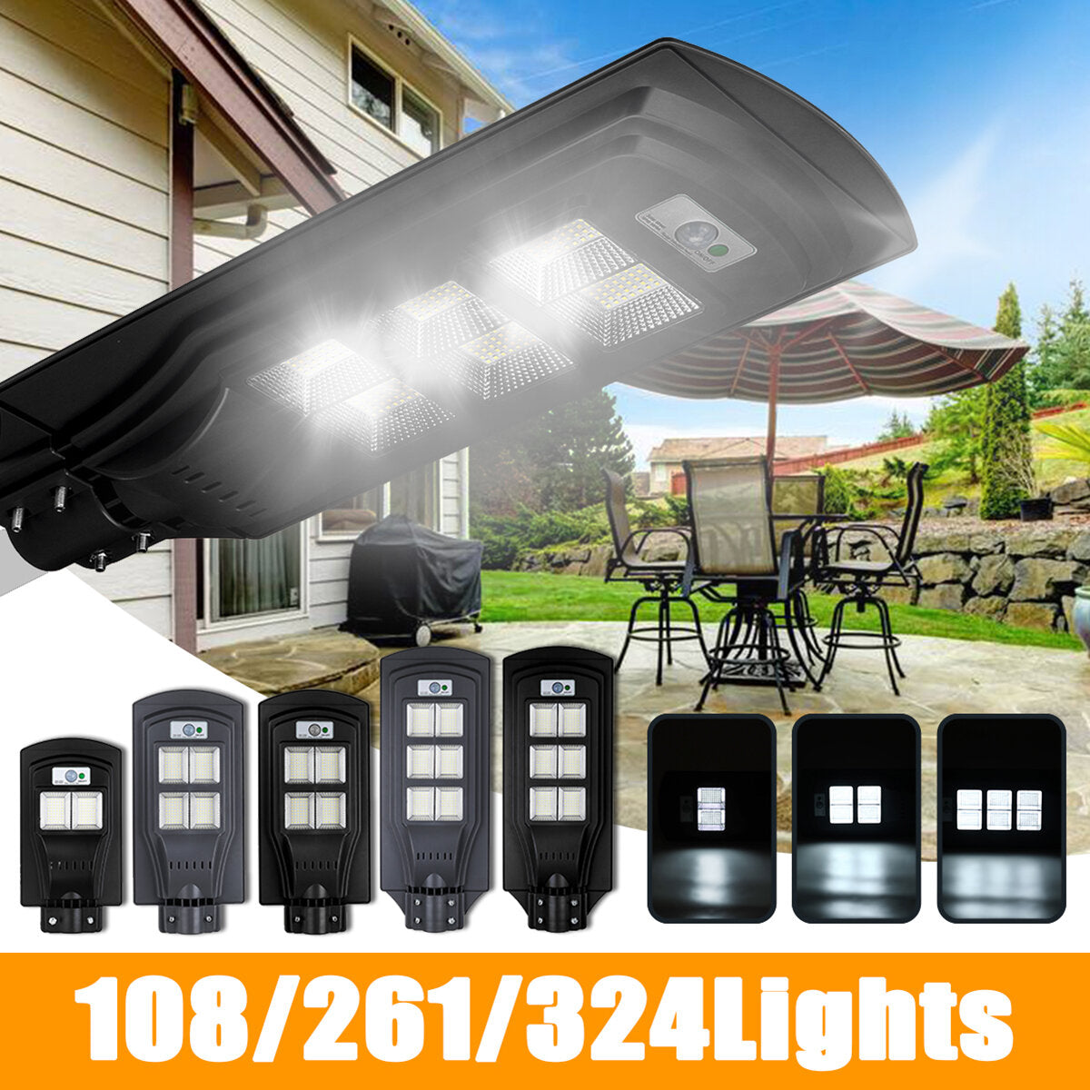 106/261/324 LED Solar Street Light with PIR Motion Sensor for Garden Wall Lamp