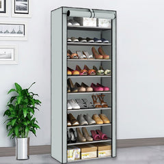 10-Tier Shoe Rack with 9 Lattices, Storage Closet Organizer Cabinet, Dust Cover Included