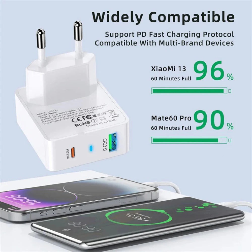 [GaN Tech] 2-Port USB-C/A Fast Charger PD3.0 QC3.0 EU Plug for iPhone, Hui, Samsung, Xiaomi