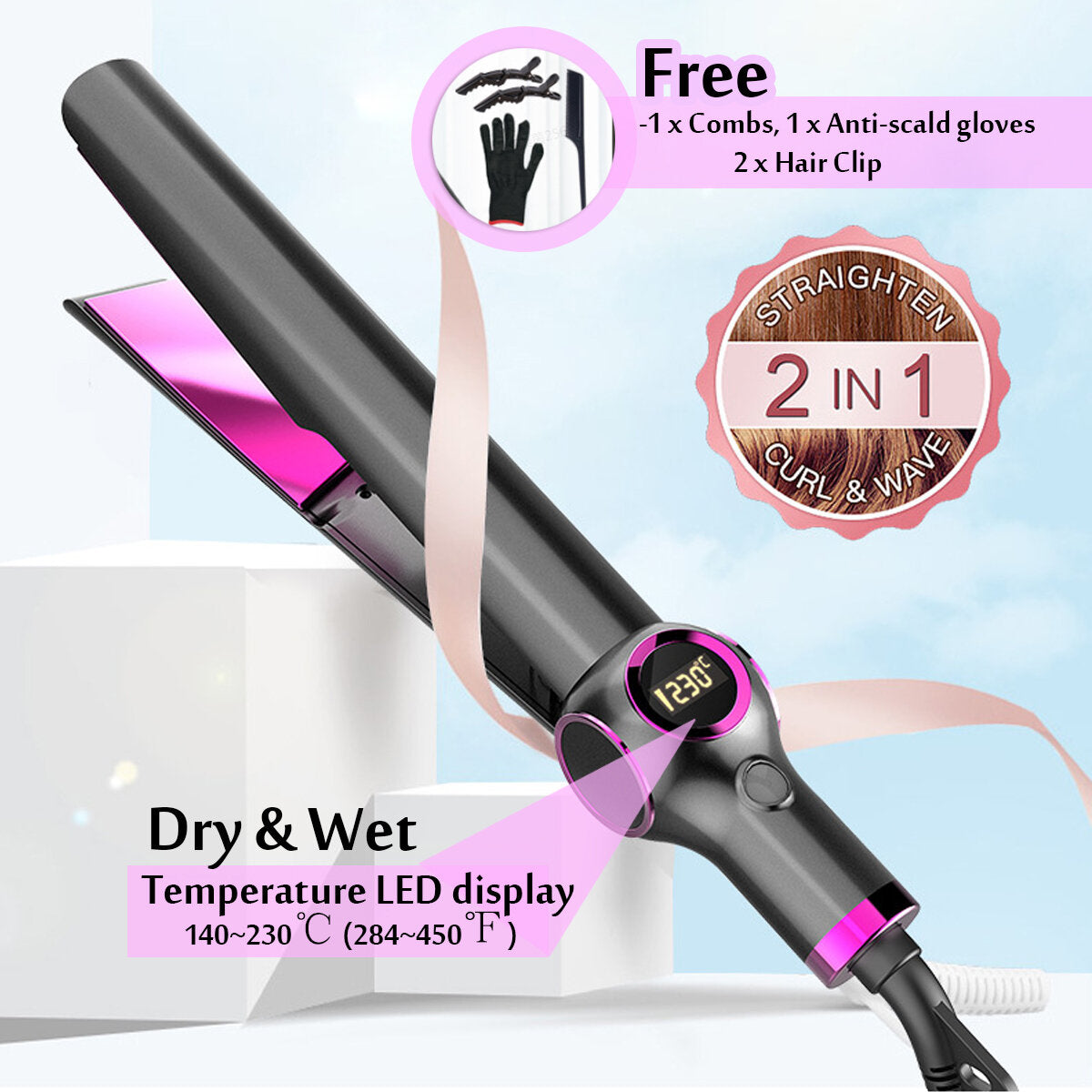 2-in-1 Professional Hair Straightener and Curler with Ceramic Plates for Styling