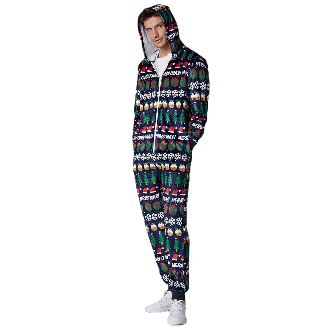 Men's Christmas Pattern Hooded Onesie Pajama Set - Holiday Loungewear with Zip Down Design