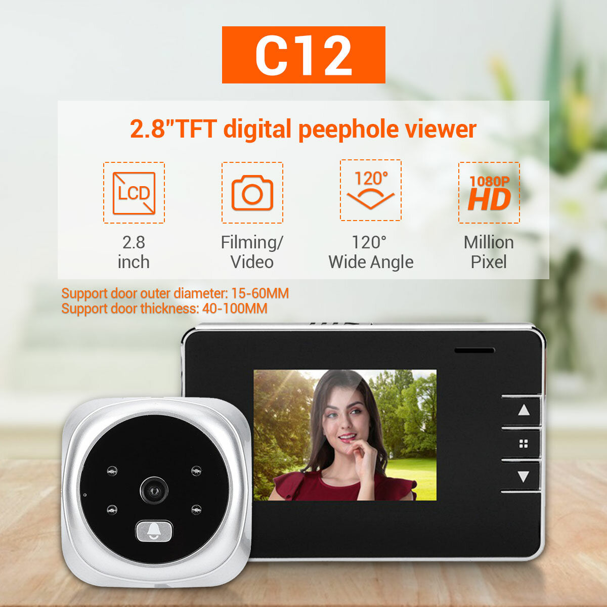 HD 1080P Door Viewer Video Peephole Camera with 2.8" Monitor, Night Vision, Digital Ring Doorbell, and Voice Record