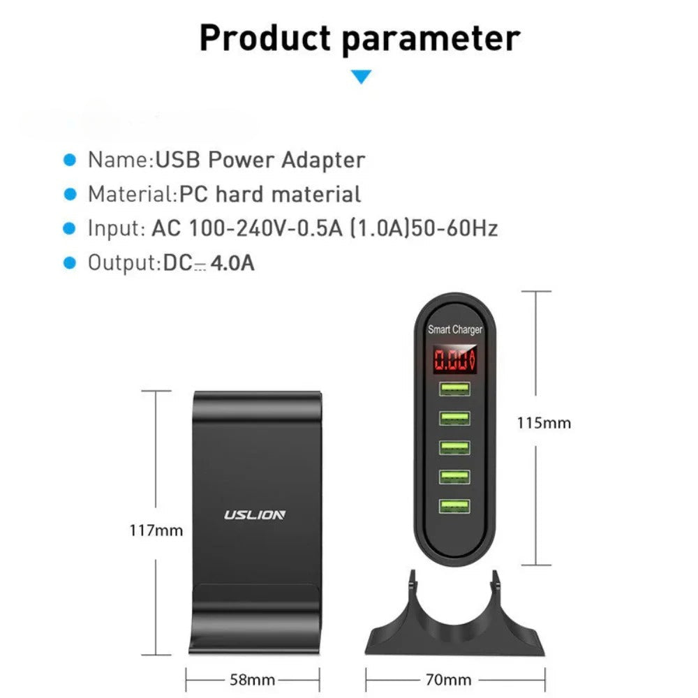 4A 5-Port USB-Schnellladestation-Adapter für iPhone, Huawei, Samsung, Xiaomi