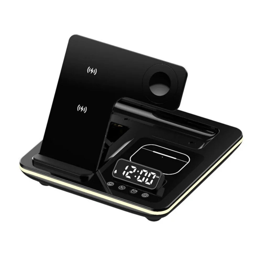 5-in-1 15W RGB Wireless Charger & Alarm Clock for iPhone, Xiaomi, Huawei, AirPods, Apple Watch