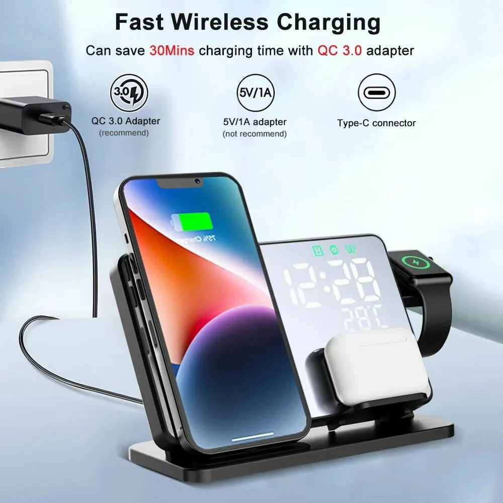 15W Fast Wireless Charger & Alarm Clock for iPhone, Samsung, Huawei, Apple Watch, AirPods