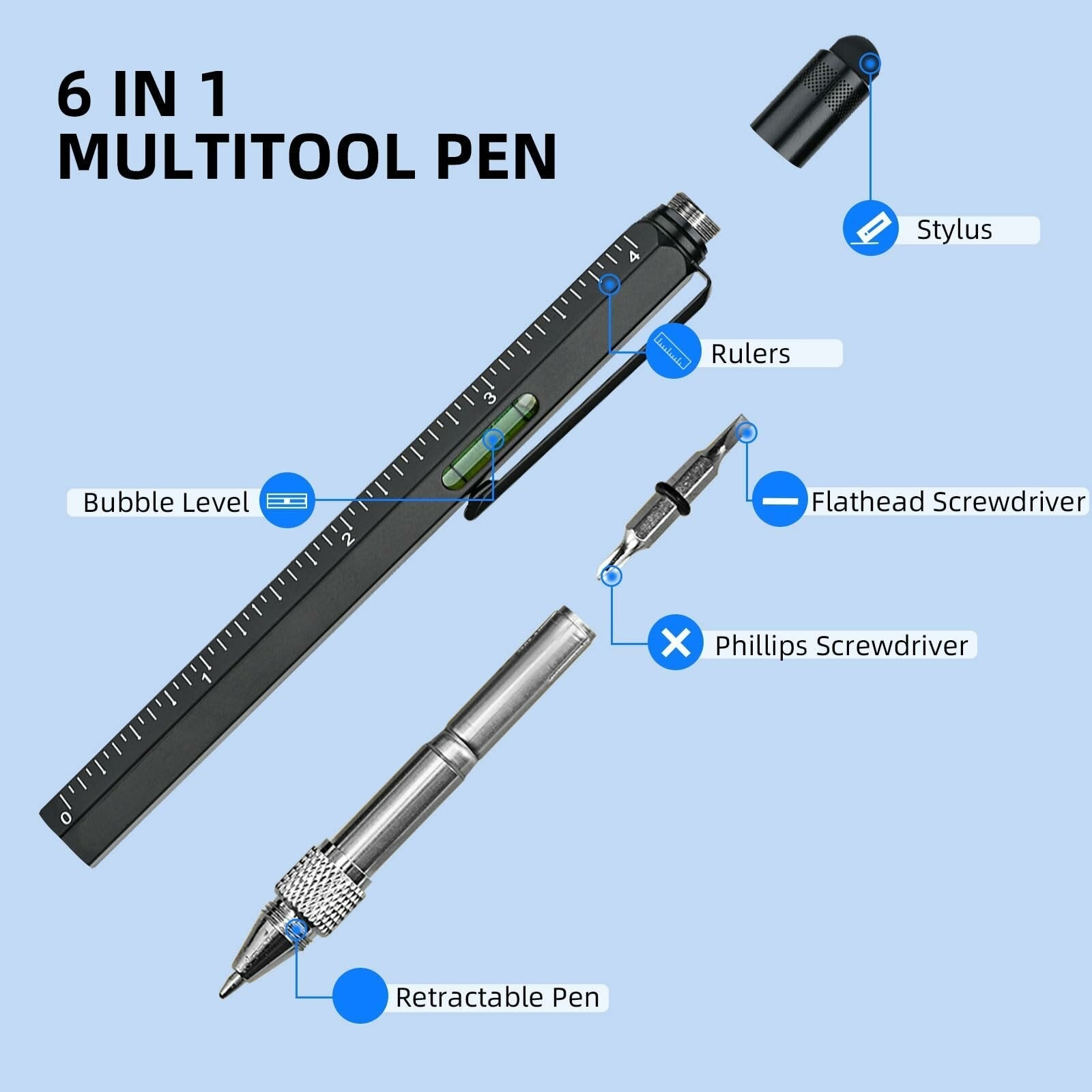 6-in-1 Multitool Pen: Stylus, Ruler, Level, Screwdriver - Perfect Gift with Refills