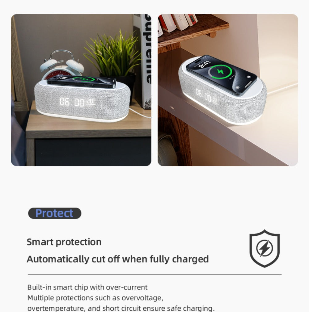 15 W kabelloses Ladegerät, Weckerlicht mit Bluetooth-Lautsprecher für Qi-fähige Telefone